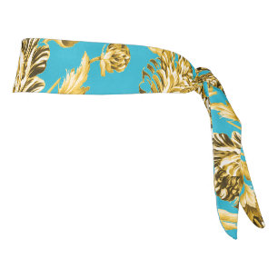 Gold & Turquoise Aqua Blue Modern Floral Toile Tie Headband