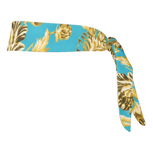 Gold  Turquoise Aqua Blue Modern Floral Toile Tie Headband