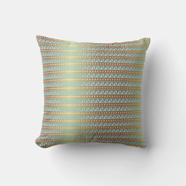 Gold Turquoise Aquamarine Stripes Metallic Royal Throw Pillow (Front)