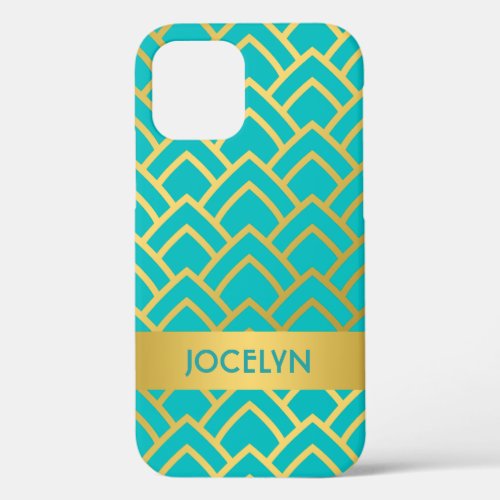 Gold Turquoise Art Deco Geometric Personalized iPhone 12 Case