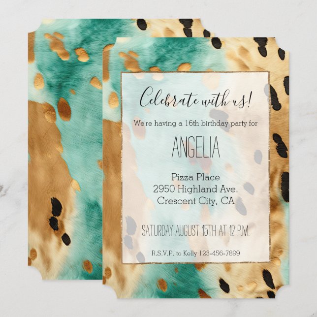 Gold Turquoise Black Animal Birthday Invitation (Front/Back)