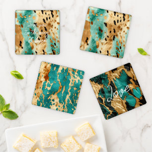 Gold Turquoise Black Animal Print Coaster Set