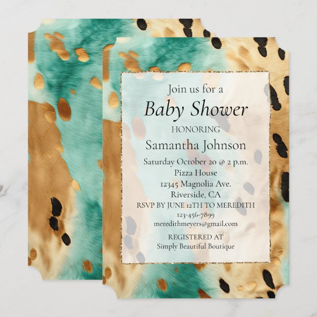 Gold Turquoise Black Animal Print Invitation (Front/Back)