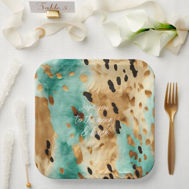 Gold Turquoise Black Animal Print Paper Plates (Wedding)