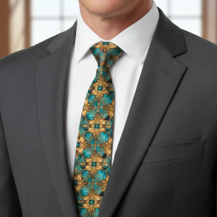 Gold Turquoise Blue Fractal mandelbrot Neck Tie
