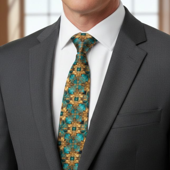 Gold Turquoise Blue Fractal mandelbrot Neck Tie (Creator Uploaded)