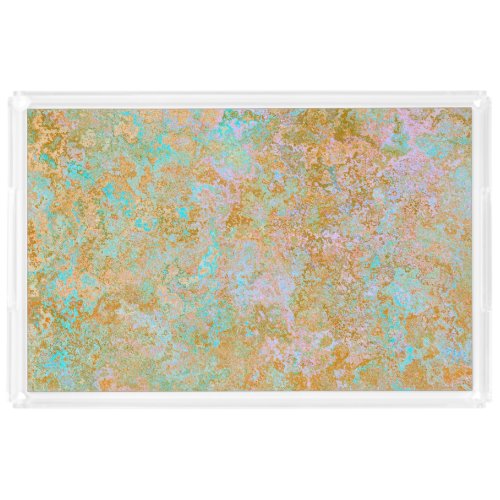 Gold  Turquoise Blue Patina Alcohol Ink Abstract Acrylic Tray