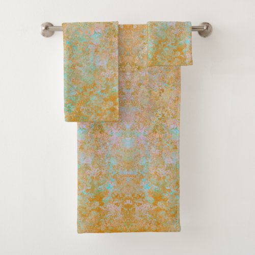 Gold  Turquoise Blue Patina Alcohol Ink Abstract Bath Towel Set