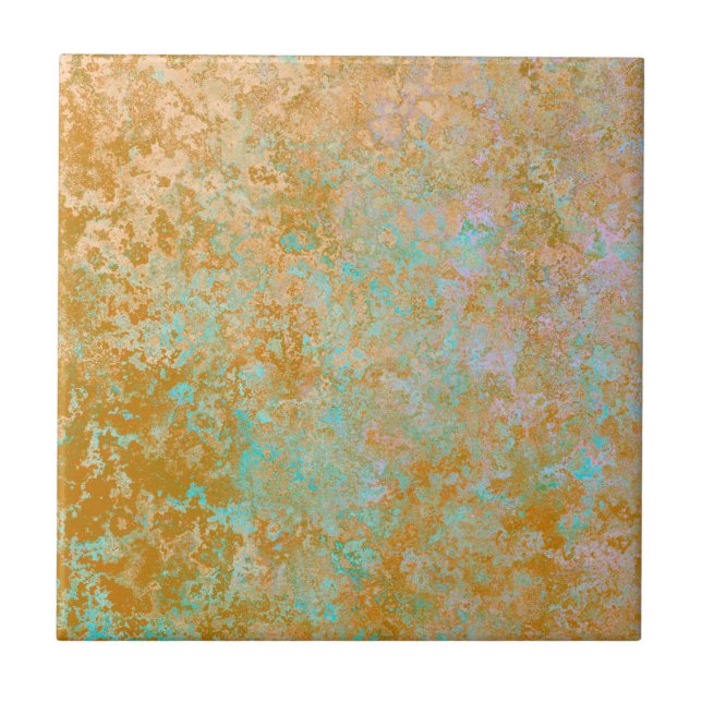 Gold & Turquoise Blue Patina Alcohol Ink Abstract Ceramic Tile (Front)