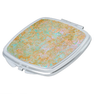 Gold & Turquoise Blue Patina Alcohol Ink Abstract Compact Mirror