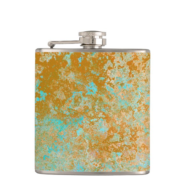 Gold & Turquoise Blue Patina Alcohol Ink Abstract Flask (Front)