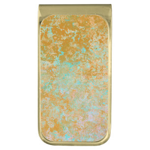 Gold & Turquoise Blue Patina Alcohol Ink Abstract Gold Finish Money Clip