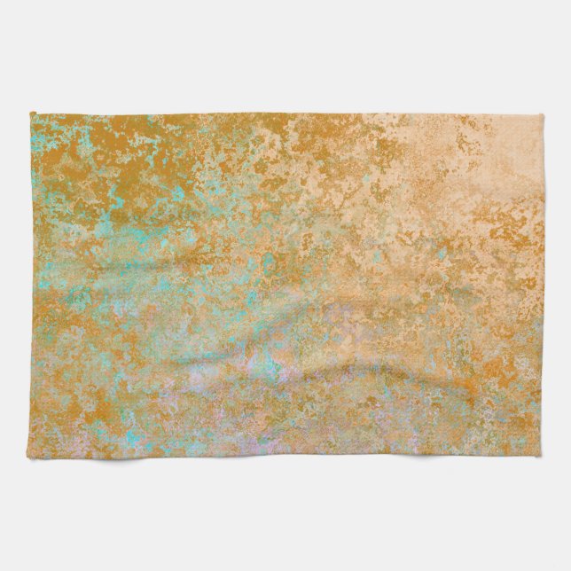 Gold & Turquoise Blue Patina Alcohol Ink Abstract Kitchen Towel (Horizontal)