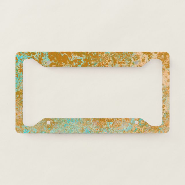 Gold & Turquoise Blue Patina Alcohol Ink Abstract License Plate Frame (Front)