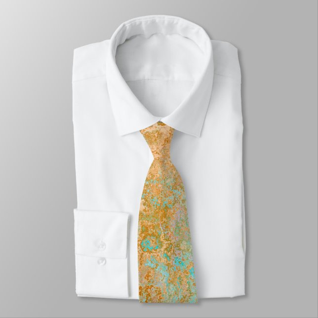 Gold & Turquoise Blue Patina Alcohol Ink Abstract Neck Tie (Tied)