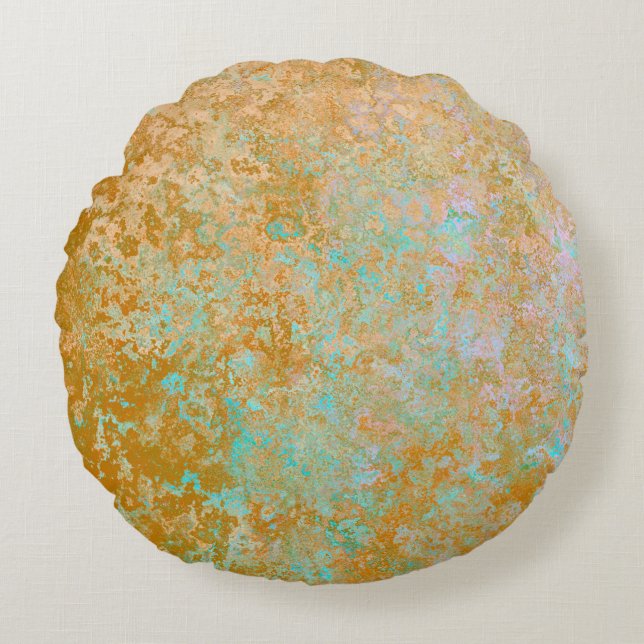 Gold & Turquoise Blue Patina Alcohol Ink Abstract Round Pillow (Front)
