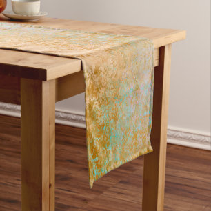Gold & Turquoise Blue Patina Alcohol Ink Abstract Short Table Runner