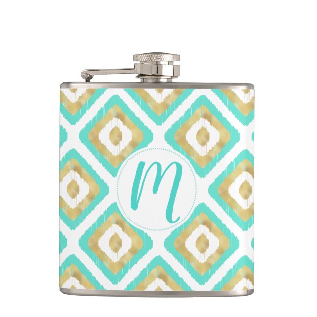Gold & Turquoise Chic Ikat Pattern Flask (Front)