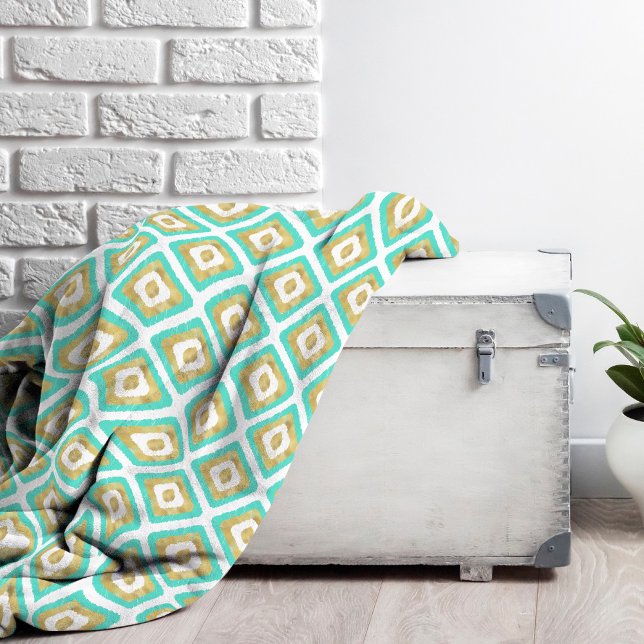 Gold & Turquoise Chic Ikat Pattern Fleece Blanket (Turquoise and Gold Ikat Pattern Throw Blanket)