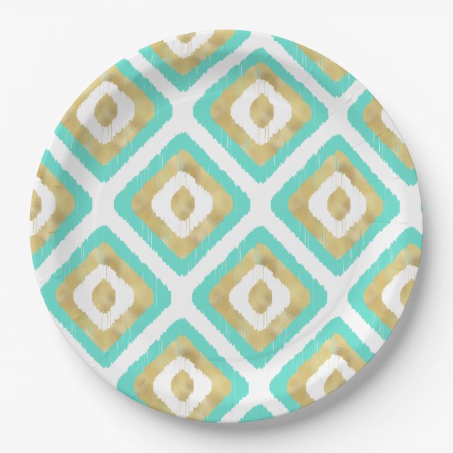 Gold & Turquoise Chic Ikat Pattern Paper Plates (Front)