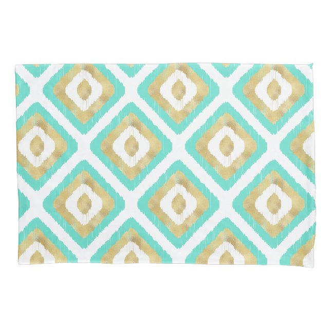Gold & Turquoise Chic Ikat Pattern Pillow Case (Front)