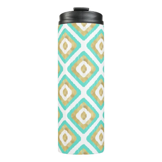 Gold & Turquoise Chic Ikat Pattern Thermal Tumbler (Front)