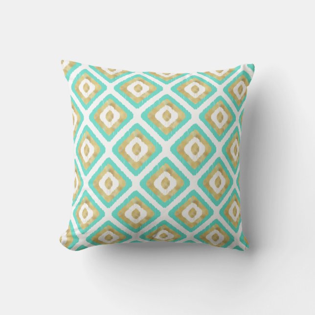 Gold & Turquoise Chic Ikat Pattern Throw Pillow (Front)