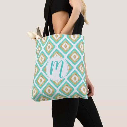 Gold  Turquoise Chic Ikat Pattern Tote Bag