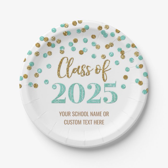 Gold Turquoise Confetti Graduation 2025 Paper Plates (Front)