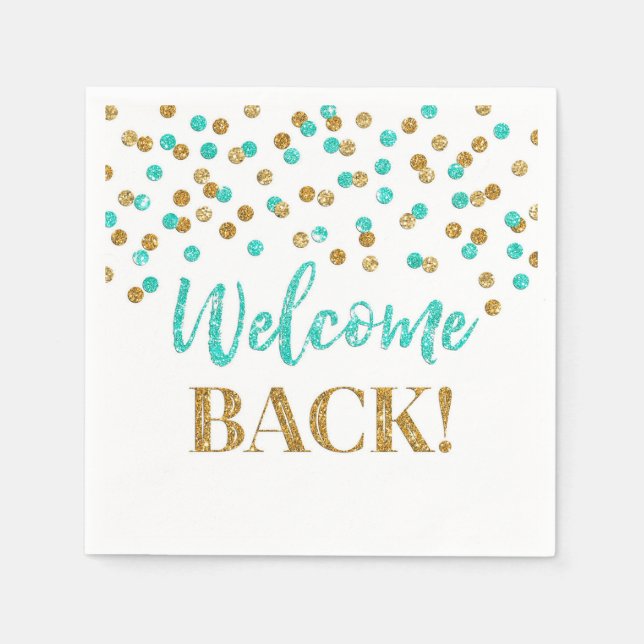 Gold Turquoise Confetti Welcome Back Napkins (Front)