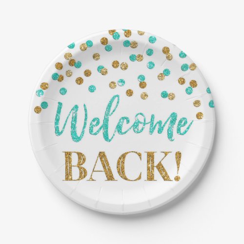 Gold Turquoise Confetti Welcome Back Paper Plates