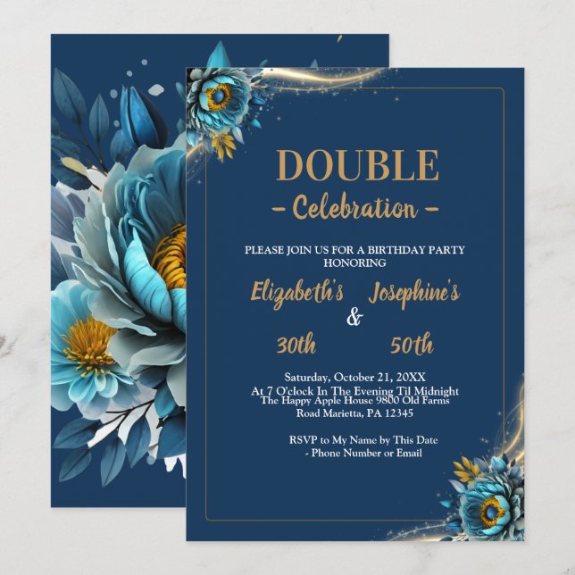 Gold Turquoise floral double joint birthday Invitation (Front/Back)