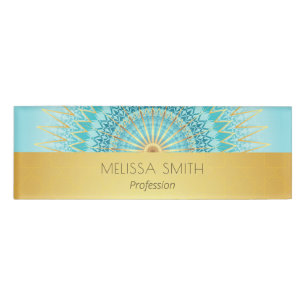 Gold Turquoise Geometric Mandala Name Tag