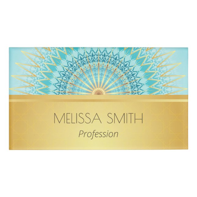 Gold Turquoise Geometric Mandala Name Tag (Front)