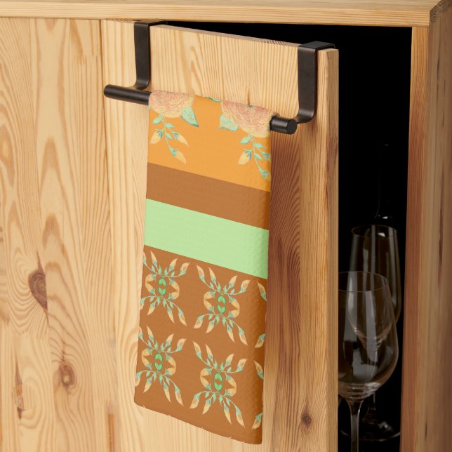 Gold turquoise green patterned kitchen towel (Thirds Fold)