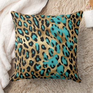 Gold Turquoise Leopard Print Throw Pillow