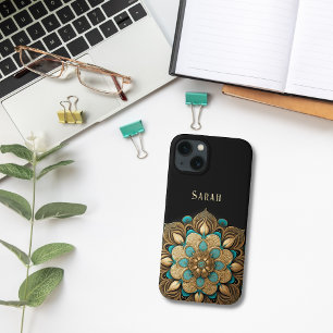 Gold Turquoise Lotus Flower Black iPhone 13 Case