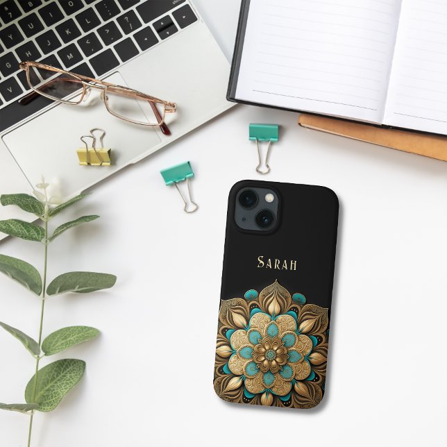 Gold Turquoise Lotus Flower Black Case-Mate iPhone Case (Creator Uploaded)
