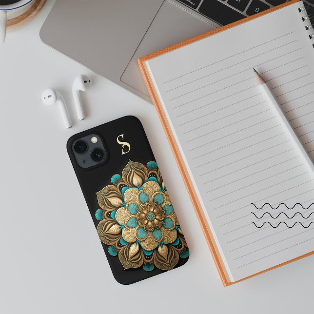 Gold Turquoise Lotus Flower Black Monogram Case-Mate iPhone Case (Creator Uploaded)