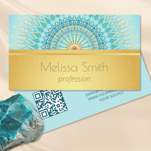 Gold Turquoise Mandala QR Code Business Card (Creator Uploaded)