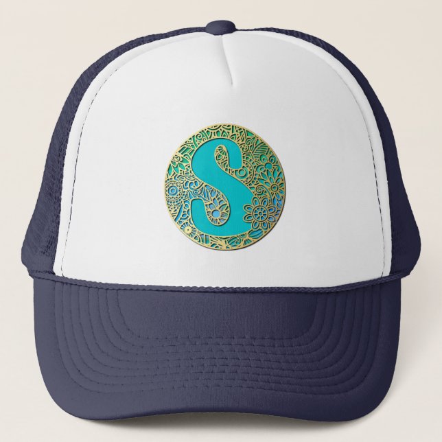 Gold, Turquoise Monogram S and Colorful Flowers Trucker Hat (Front)