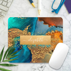Gold turquoise orange marble watercolor monogram mouse pad