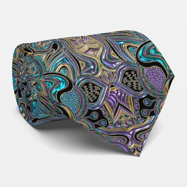 Gold Turquoise Purple Floral Lace Mandala Neck Tie (Rolled)