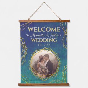 Gold Turquoise Rustic Crystal Wedding Welcome Sign Hanging Tapestry