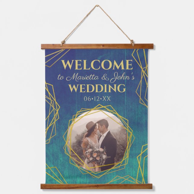 Gold Turquoise Rustic Crystal Wedding Welcome Sign Hanging Tapestry (Front)
