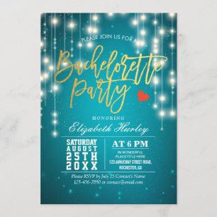 Gold Turquoise String Lights Bachelorette Party Invitation