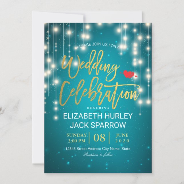 Gold & Turquoise String Lights Wedding Celebration Invitation (Front)