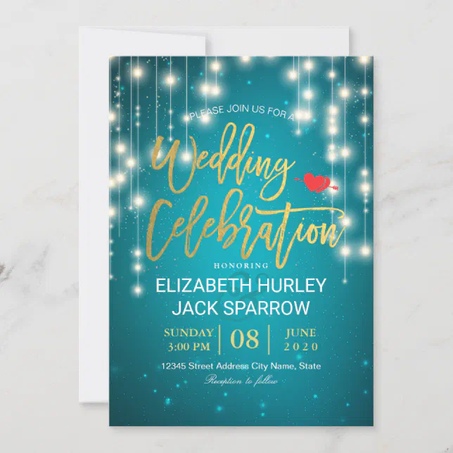 Gold & Turquoise String Lights Wedding Celebration Invitation | Zazzle