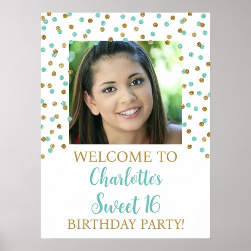Gold turquoise Sweet 16 Birthday 18x24 Photo Poster