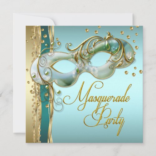 Gold Turquoise Teal Blue Masquerade Party Invitation